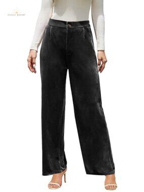 Womens Velvet Wide Leg Palazzo Dress Pants High Waisted Stretch